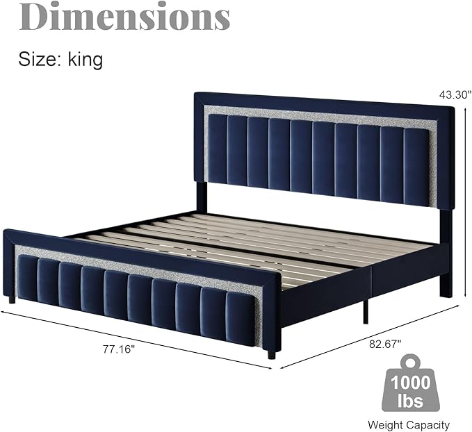 HOMBCK King Size Bed Frame with Headboard and Footboard, Upholstered Bed Frame King with Velvet Diamond Design, No Box Spring Needed, Easy Assembly, Blue