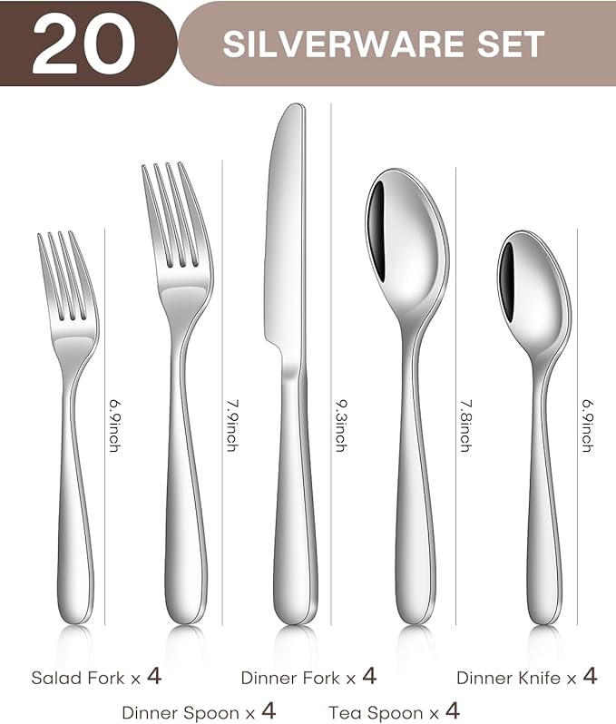 20-Piece Silverware set for 4 Include Knife Spoon and Fork Flatware Set with Heavy Duty Stainless Steel Mirror Polished Modern Tableware Eating Utensil Set, Dishwasher Safe