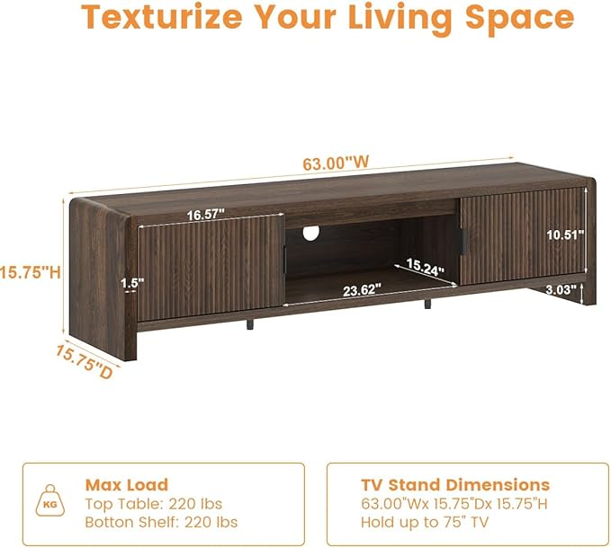 FATORRI TV Stand for 75/65/55 Inch TVs, Mid Century Modern Entertainment Center with Storage, Wood Waveform Fluted-Door Television Media Console for Living Room, Bedroom (63 Inch W, Dark Walnut)