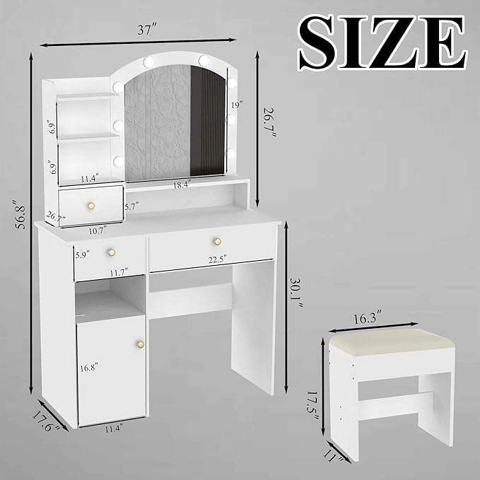 MISHAO Vanity Desk Set w/Mirror & Lights, 37" Makeup Vanity Table w/Chair & Power Outlet, Storage Drawers & Open Shelves, 3 Color Modes & Adjustable Brightness Dressing Table for Bedroom, White