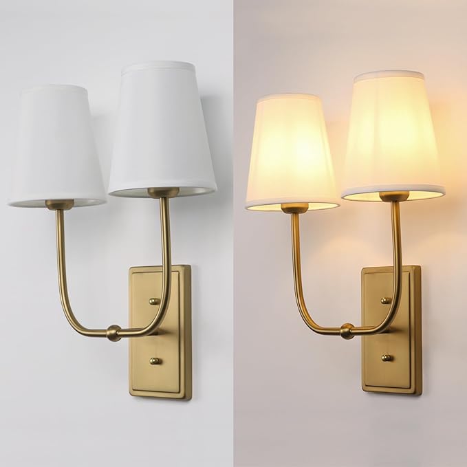 Vintage 2-Lights Wall Sconces with Funnel White Fabric Shades, Double Head Bathroom Vanity Lights Fixture, Indoor Wall Lamps for Bedroom Living Room Hallway Stairway