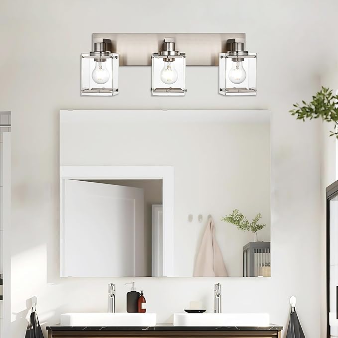 3-Lights Bathroom Wall Light Fixtures E26 Bulb Base, Brushed Nickel Vanity Lighting Fixtures Over Mirror with Clear Glass Shades for Living Room Hallway Kitchen