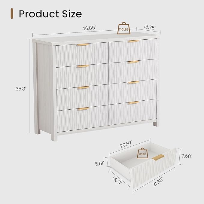 Dresser for Bedroom with 8 Drawers, 46.9" Wide Modern Chest of Drawers with Metal Handle, Wood Dresser TV Stand, Wood Storage Organizer for Bedroom, Living Room, Closet(Beigewhite)