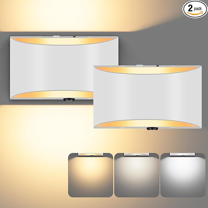 2 Pack Battery Operated Wall Sconce with Remote Control,No Hardwired White Aluminum Wall Sconces Set of Two,50W Equivalent Battery Wall Light,3000K-6500K Dimmable Wall Sconces