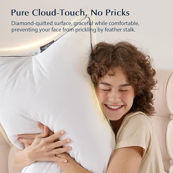 Pacific Coast Bed Pillow, Hotel Goose Feather and Down Pillow for Sleeping, Pillow with Classic Diamond Pattern, Medium Supportive, 100% Cotton Shell, Queen Size