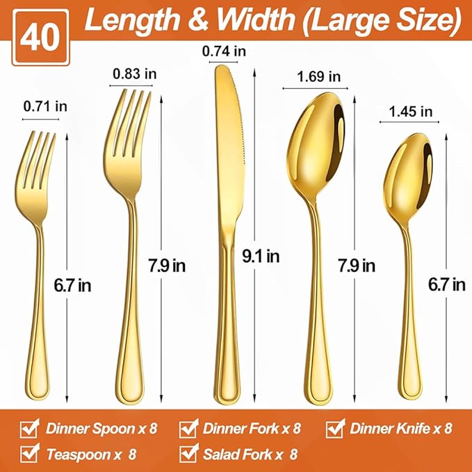 40 Pcs Gold Silverware Set for 8 with Simple Striped Handle Design, Food Grade Stainless Steel Flatware Set, Eating Utensils Sets Include Fork/Knife/Spoon, Cutlery Set, Dishwasher Safe