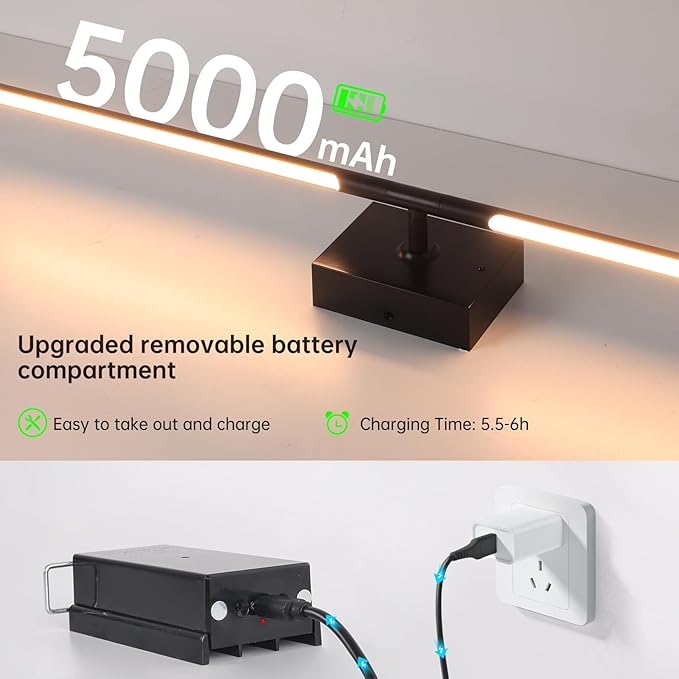 Battery Operated Wall Sconce Set of 2, 5000mAh Rechargeable Wall Sconces with Detachable Battery, Indoor 350°Rotate Wall Lights for Bedroom Living Room, Black, 31.5 Inch