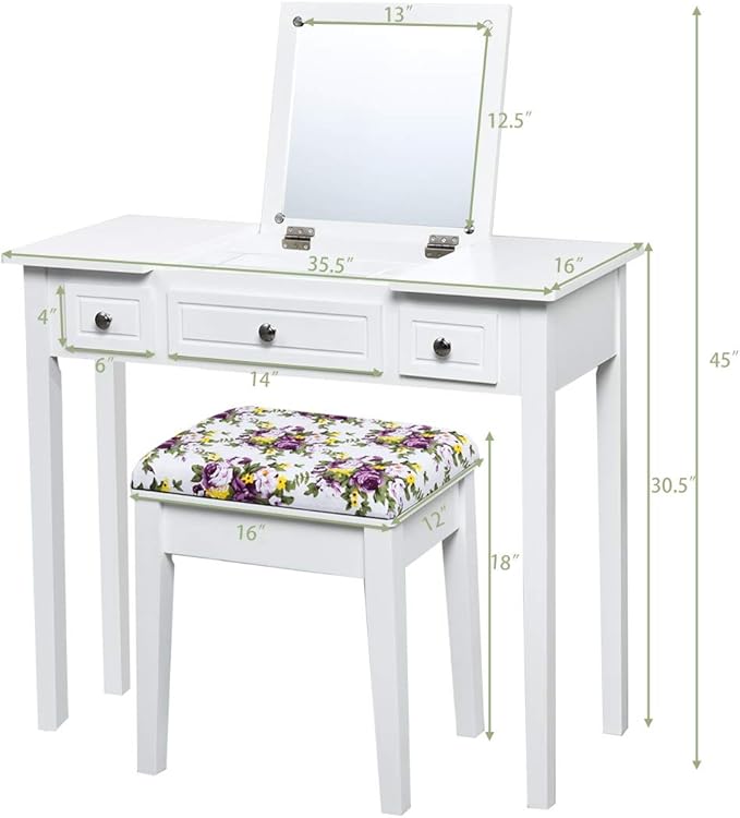 CHARMAID Makeup Vanity Desk with Flip Top Mirror, 3 Drawers, 7 Storage Compartments, White Writing Desk Dressing Table Vanity Set with Cushioned Stool for Kids Girls Women, Easy Assembly