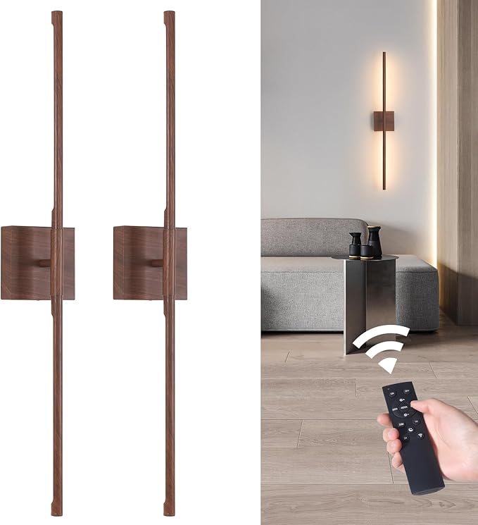 Battery Operated Wall Sconce Set of 2, 10400mAh Rechargeable Wall Sconces, 3000K-6000K Dimmable, 350°Rotate, Indoor Wall Lights for Bedroom Living Room Bathroom, Black Walnut, 31.5 Inch