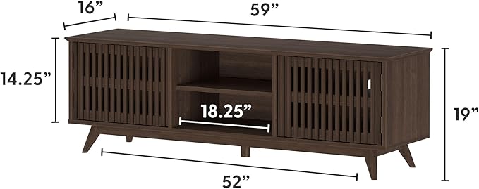 Plank+Beam Mid-Century Modern Wood TV Stand, Solid Wood Entertainment Console with Storage, 59" L x 16" W x 19" H, Walnut