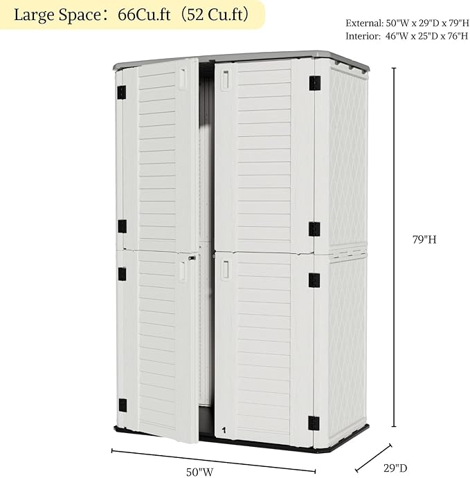 ZZM Large 67 Cu.ft Waterproof Storage Shed, Outdoor Storage Cabinet，Durable Resin Storage for Patio Furniture, Garden Tools, Pool Accessories, Mower Storage (White)