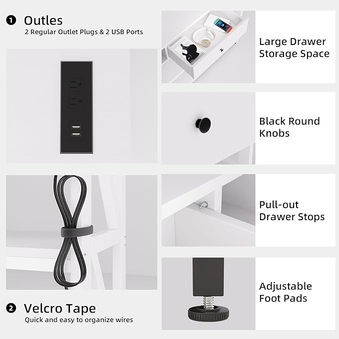 Mexin 39 Inch Console Table with 2 Outlet and 2 USB Ports, Entryway Table with Drawer and Storage Shelves, Narrow Sofa Table for Living Room and Hallway, White