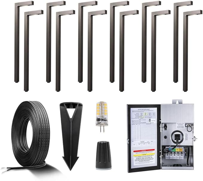 Solid Brass 12V LED Landscape Lighting Kit (12 Pack Path Lights) with 300W Low Voltage Transformer and Mechanical Timer and 250FT Wire and 50Pack Connectors for Outdoor Pathway Garden