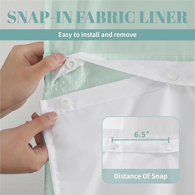 MintGreen No Hook Waffle Weave Shower Curtain with snap-in Liner Replacement, 230GSM Waterproof Fabric Hotel Shower Curtain Set for Bathroom, Through Mesh Top Window,54Wx80H