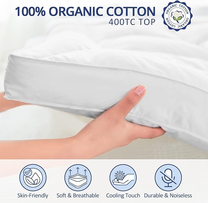 ELEMUSE 1300 GSM Overfilled Mattress Topper Queen with Baffle Box Design,Extra Thick Cooling Pillow Top Pad, 400TC Cotton Cover, Plush & Support Snow Down Alternative, White