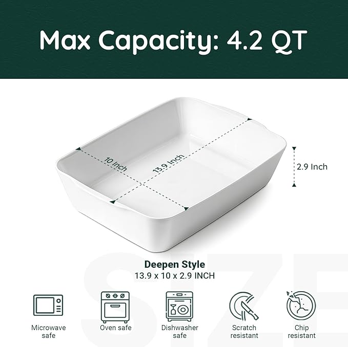 4.2 QT Deep Ceramic Baking Dish, White Casserole Dish, Lasagna Pan for Oven, Ceramic Baking Pan, Kitchen Decor, Microwave Oven Safe, Dinner, Wedding（10" x 13.9"）