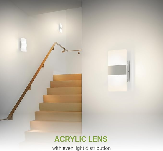 ASD 8 Inch LED Indoor Wall Sconce - Modern Interior 10W 120V 2700K-5000K Adjustable Dimmable Wall Mounted Light Fixtures, Acrylic Glass Wall Lights for Stairway, Hallway - ETL, Brushed Nickel 2 Pack