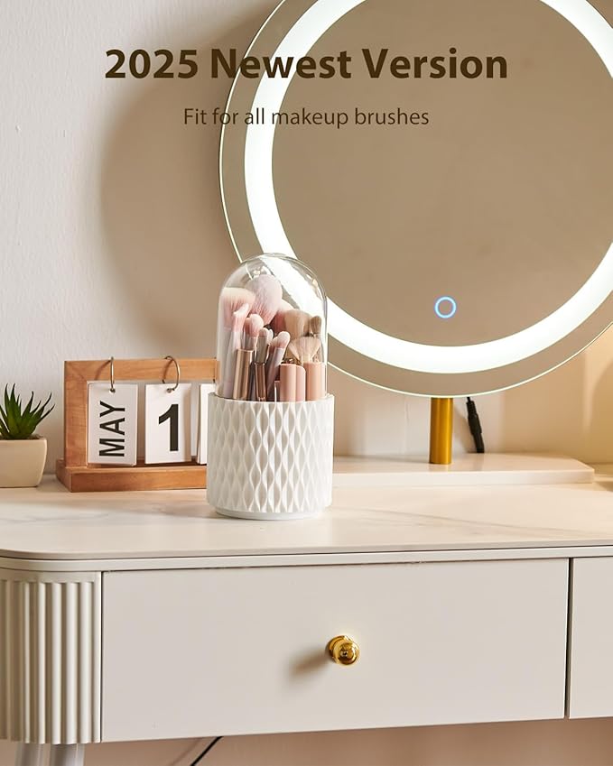 Makeup Brush Holder [Upgrade] [Dustproof & Waterproof] 360 Rotating Cosmetics Make up Brush Organizer Storage with Lid for Vanity