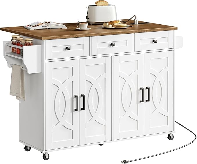 HOOBRO Kitchen Island with Drop Leaf, Rolling Kitchen Island with Storage and Power Outlet, Kitchen Cart with 3 Drawers and Adjustable Shelves, Towel and Spice Rack, for Dining Room, White and Walnut