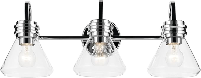 Kichler Farum 26" 3-Light Vanity Light with Clear Glass in Chrome, for Single or Double Vanity, Over a Mirror, Powder Room, Bathroom, (26" W x 9.5" H), 55155CHCLR