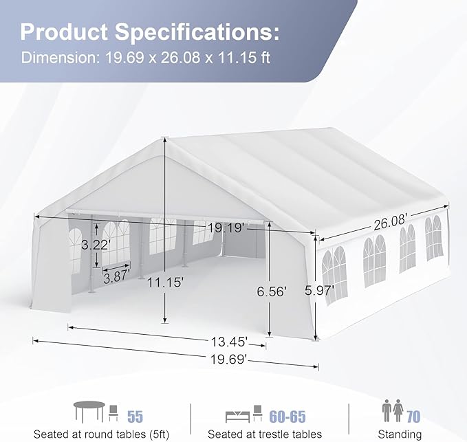 Morngardo 20'x26' Carports Clearance, Large Canopy Tent for Parties Heavy Duty Car Tent Metal Carport Portable Garage with Removable Sidewalls, White