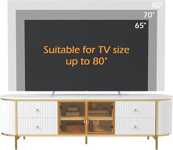 Luxury 70" Fluted TV Stand for TVs Up to 75", Modern Entertainment Center with Faux Marble Top, Media Console with Curved Profile Design, Television Stands for Living Room, White