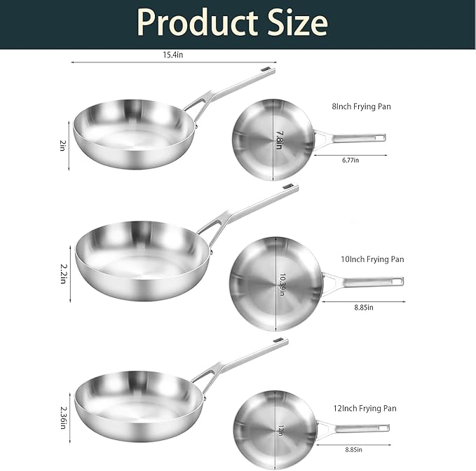 3 Ply Stainless Steel Pan Set, 8" 10" 12", Fast & Even Heating, Up to 650F, Oven & Dishwasher Safe, Compatible with All Cooktops