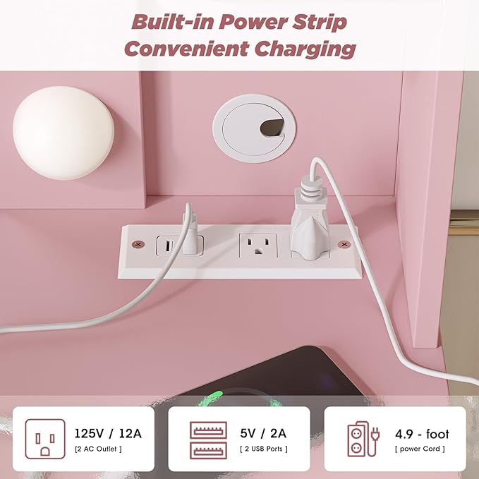 Vabches Vanity Desk with Lights,Makeup Vanity with Power Strip,Dressing Table Set with 2 Large Drawers,Vanity Mirror 3 Lighting Color Adjustable,Pink