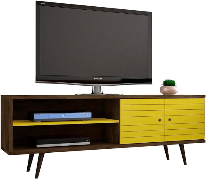 Manhattan Comfort Liberty Mid Century Modern TV Stand for Televisions up to 60 Inches, Bedroom and Living Room Entertainment Center with Storage, Shelves, and Cabinet, 63" Wide, Rustic Brown/Yellow