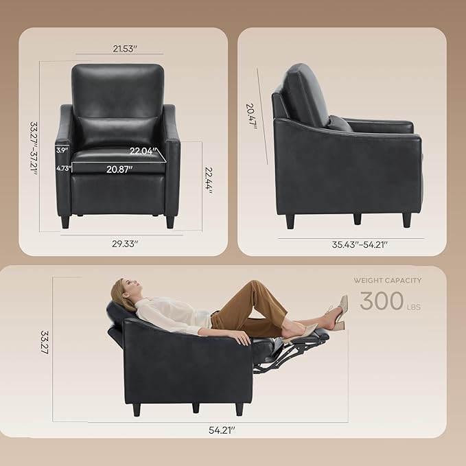 COLAMY Pushback Electric Recliner Chair, Premium Leather Upholstery with Adjustable Angles, Extra Lumbar Pillow, Built-in Charging Port, Electric Recliner Sofa Chair for Living Room,Black