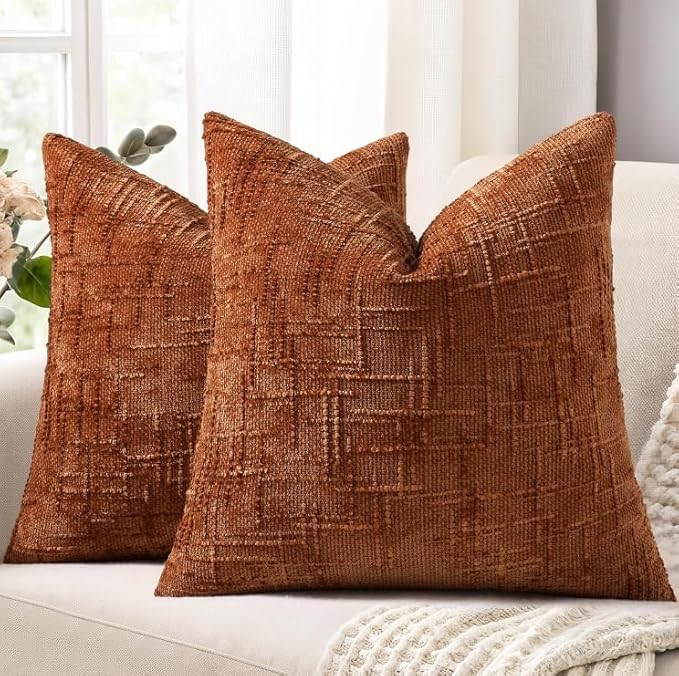 decorUhome Fall Rust Chenille Throw Pillow Covers 18x18 Set of 2 Thick Textured Slubby Couch Pillow Covers Farmhouse Accent Modern Neutral Decorative Pillow Cases for Bed Sofa Living Room