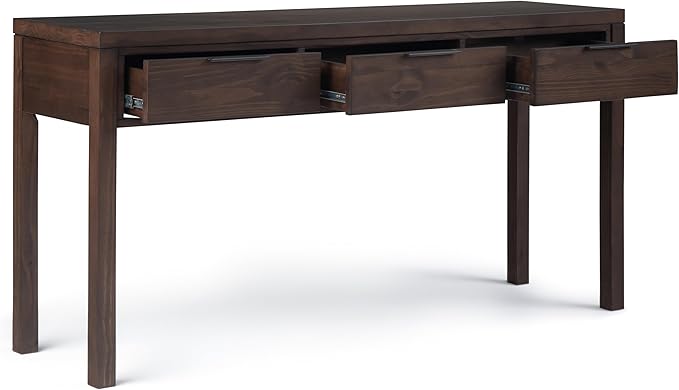 SIMPLIHOME Hollander Console Table - 60 Inch Wide Solid Wood Sofa Table in Warm Walnut Brown, Contemporary Storage Table for Entryway or Living Room with 3 Drawers and Sleek Metal Hardware
