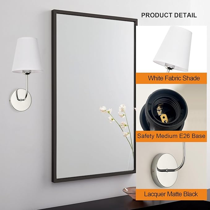 Modern Hardwired Wall Sconces, Set of 2 in Chrome or Polished Nickel with White Fabric Shades,Farmhouse Light, Living Room, Hallway, Bathroom, Vanity, or Staircase. Sleek, Versatile Lighting