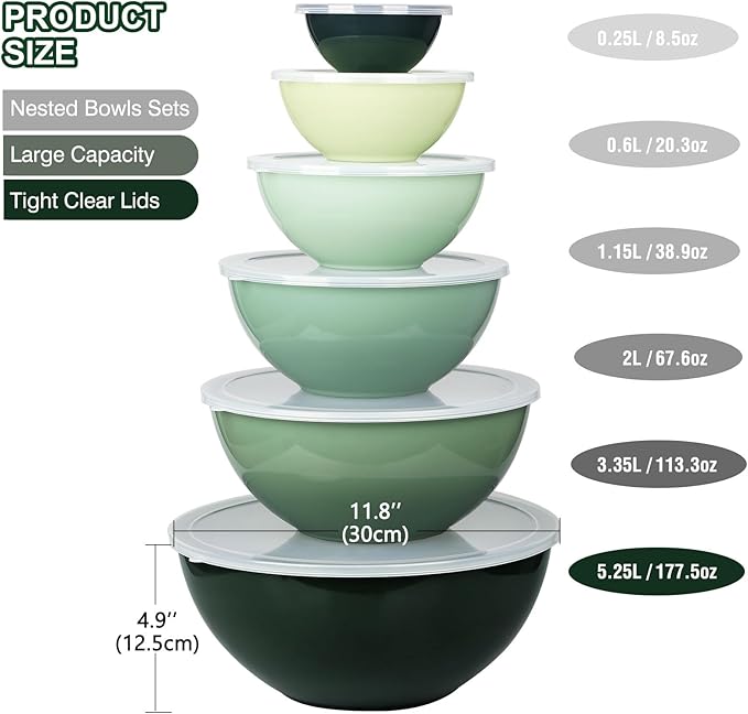 6-Piece Plastic Mixing Bowl Set with Lids for Kitchen, Nesting Storage Bowls for Baking, Prepping,Cooking and Serving Food, Dishwasher, Microwave Safe,Great for Mixing & Serving (6 Set-Green)