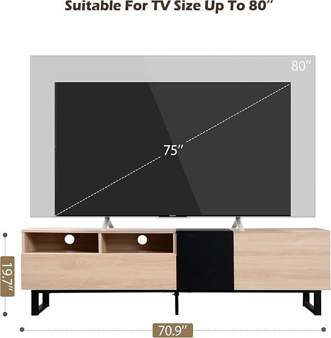 Merax Modern TV Entertainment Center with Cabinets, Drawers & Open Shelves, Wood TV Stand for TVs Up to 80” for Living Room Bedroom (Natural & Black)