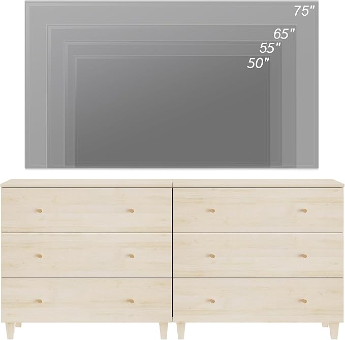 WAMPAT TV Stand Dresser for 75+ Inches TVs, 2-in-1 Wood Media Console Table with 6 Drawers, Modern Highboy Entertainment Center with Storage for Living Room Bedroom, Natural Oak