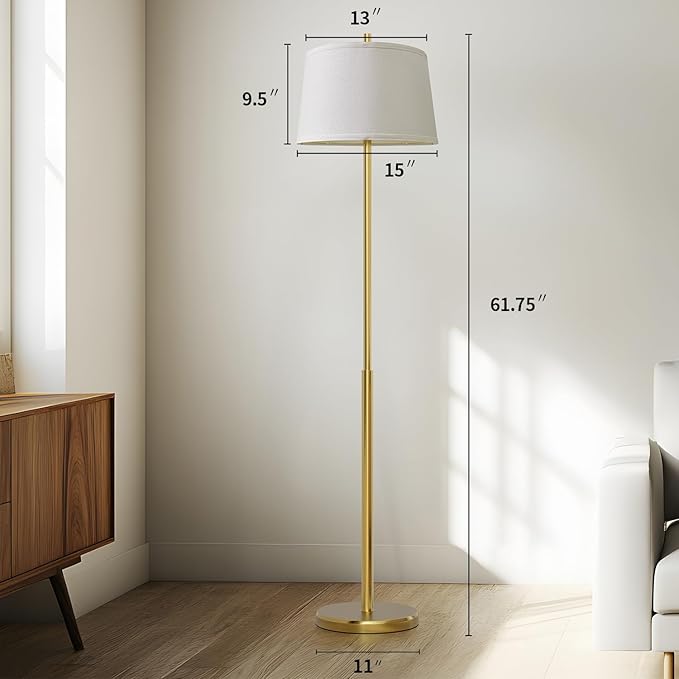 Oneach 61" Floor Lamp for Living Room, Gold Modern Standing Lamp with White Linen Shade, Brass Tall Pole Light with Rotary Switch for Bedroom, Office, Reading Room