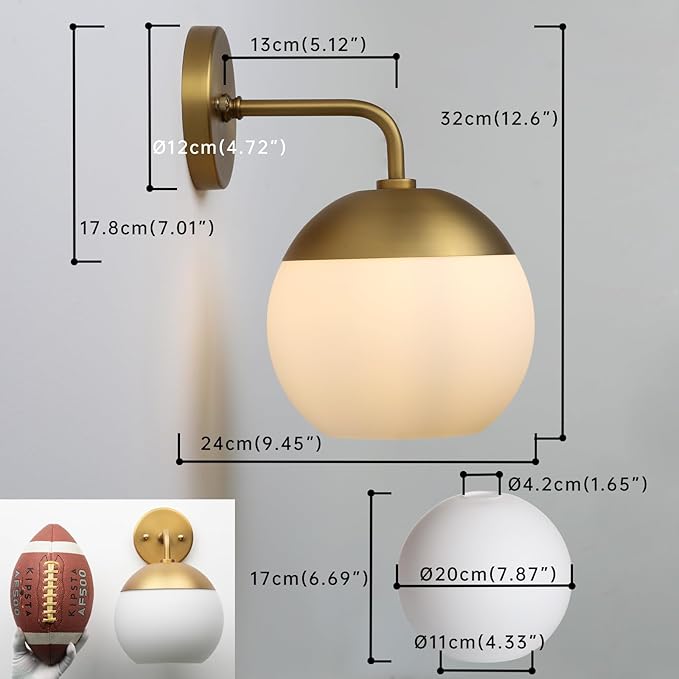 Modern Glass Wall Sconce with Frosted Globe Lampshade, Metal Base Industrial Wall Light Fixture, Indoor Wall Mounted Lamp for Vanity Bathroom Bedroom Living Room