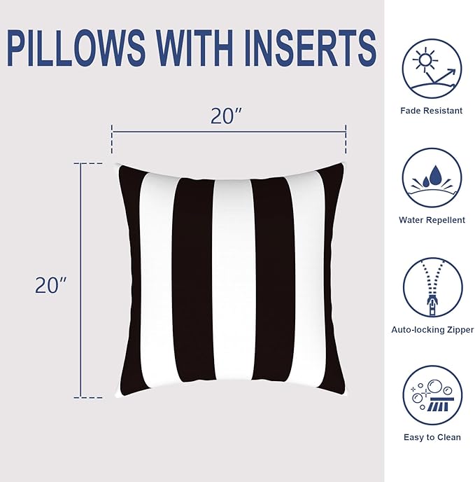 Outdoor Throw Pillows with Inners, All Weather Patio Pillows Set of 2, Square Pillows Decorative for Home Garden Furniture, 20x20 Inch, Cabana Black