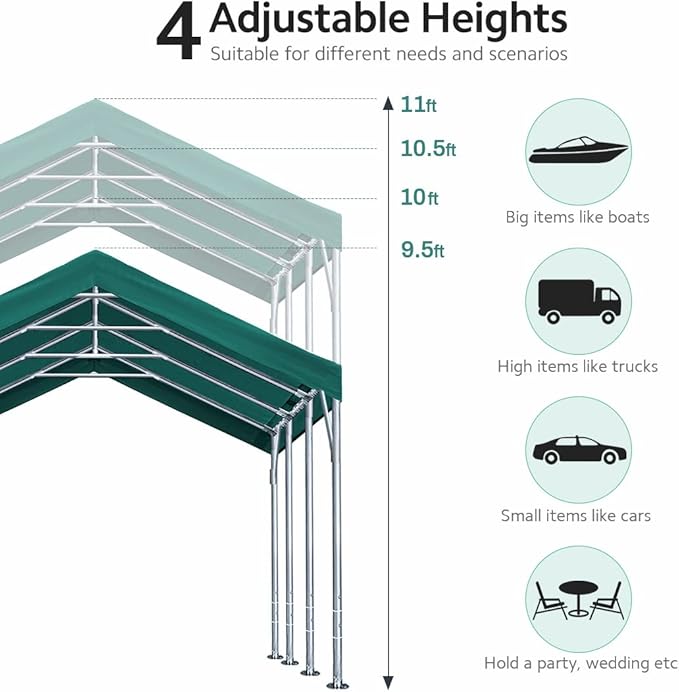 ADVANCE OUTDOOR 12x20 ft Heavy Duty Carport Potable Car Canopy Garage Party Tent Boat Shelter, Adjustable Height from 9.5 ft to 11 ft, Green