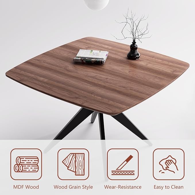 Kidol & Shellder 45.2" Square Dining Table Set for 2-4 People Modern MDF Wooden Dining Room Table with X-Shaped Metal Base Kitchen Table（Walnut Table+4pcs Grey Chairs）