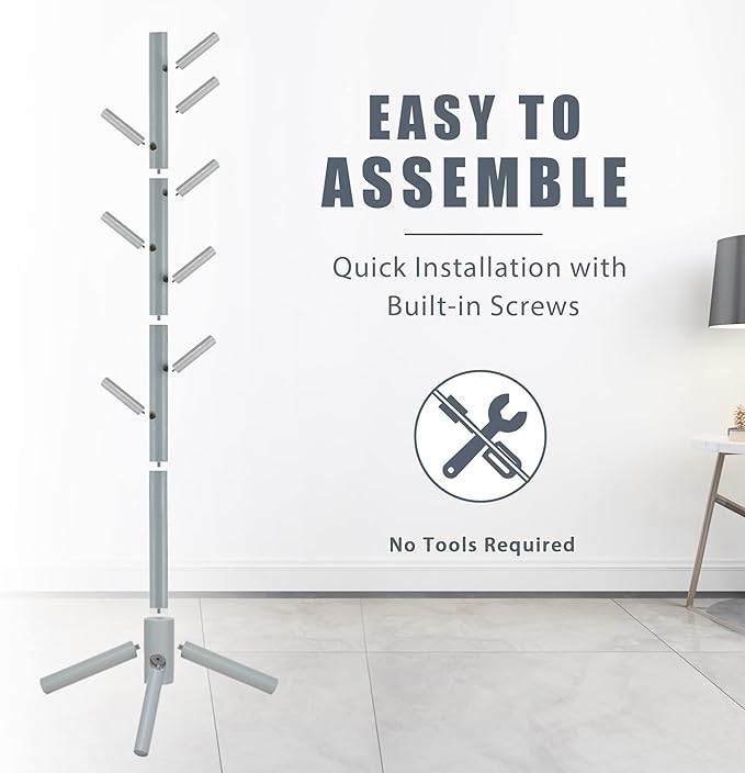 Haddockway Wooden Coat Rack Stand with 8 Hooks New Zealand Pine 3 Adjustable Coat Standing Tree Easy Assembly for Coats, Hats, Scarves and Handbags for Entryway, Hallway, Bedroom, Office