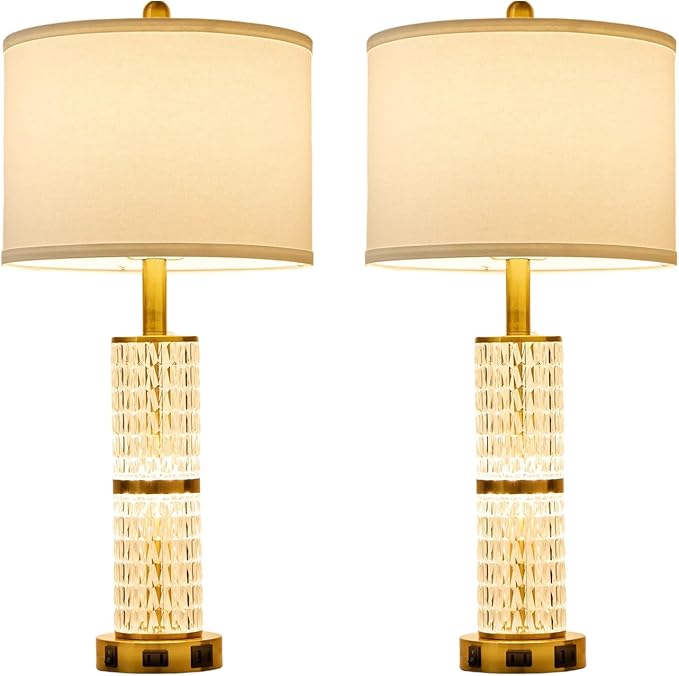 Crystal Table Lamp Set of 2, Modern Touch Lamp with Nightlight, 3-Way Dimmable Bedroom Lamp with 2 USB Ports & AC Outlets for Living Room Bedside Nightstand Lamp