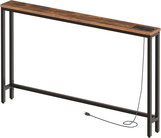 HOOBRO 55.1" Narrow Console Table with Power Outlets, 5.9" Behind Couch Table with Charging Station, Long Sofa Table, Skinny Entryway Table for Living Room, Hallway, Foyer, Rustic Brown BF145UXG01