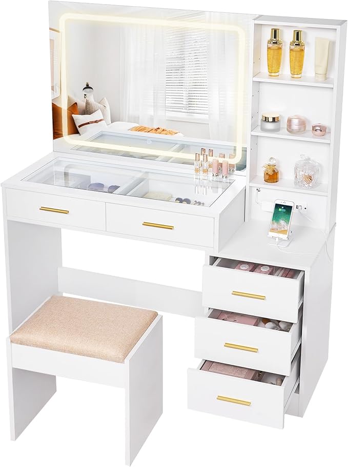 BEWISHOME Makeup Vanity Desk with Mirror and Lights,White Vanity Table with Glass Top,Makeup Desk with Power Outlet,5 Drawers,3 Lighting Modes,Stool,Nightstand,Dressing Table for Bedroom Girls FST29W