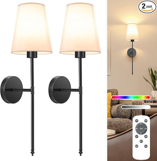NIORSUN 25.4 inch Battery Operated Wall Sconce Set of 2,Black Rechargeable Wall Lights with 5200mAh Dimmable Detachable Bulbs and Remote,9 Colors Wireless Sconces for Bedroom Living Room Hallway