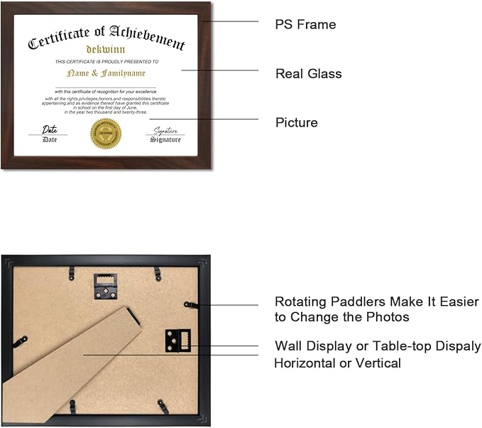 8.5x11 Picture Frames Certificate Document Frame Set of 6 with Real Glass, Diploma Frame for Wall Gallery or Tabletop display in Walnut