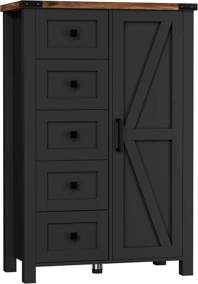 Farmhouse Tall Dresser Chest of Drawer for Bedroom, 5 Drawer Storage Cabinet with Barn Door, 48 Inch Tall Wood Dresser, Adjustable Shelves, Rustic, for Living Room, Entryway, Hallway
