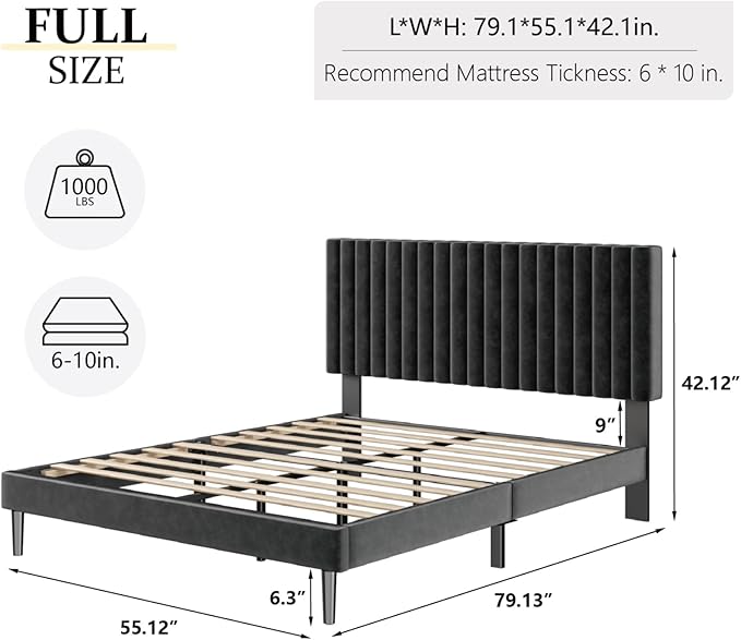 Full Size Platform Bed Frame with Velvet Upholstered Headboard, Full Bed Frame with Strong Wood Slats, Mattress Foundation, Box Spring Optional, Easy Assembly, Black