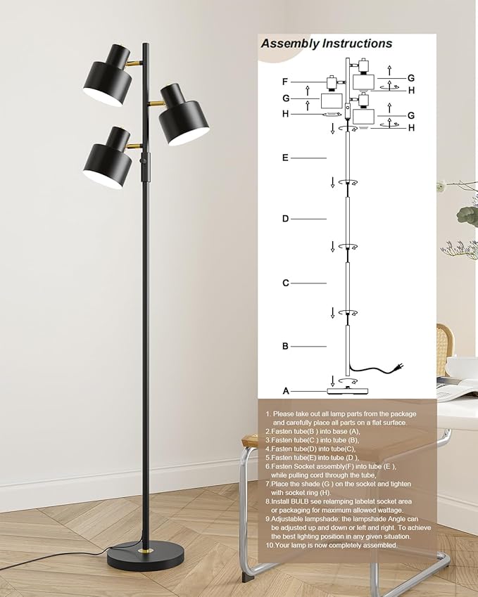 OYEARS Floor Lamp for Living Room Bright Lighting Tall Modern Industrial Vintage Standing Corner Lamps LED Metal Light Office Bedroom Study Gold Black Cream Matte Accent (3-Light, Black)